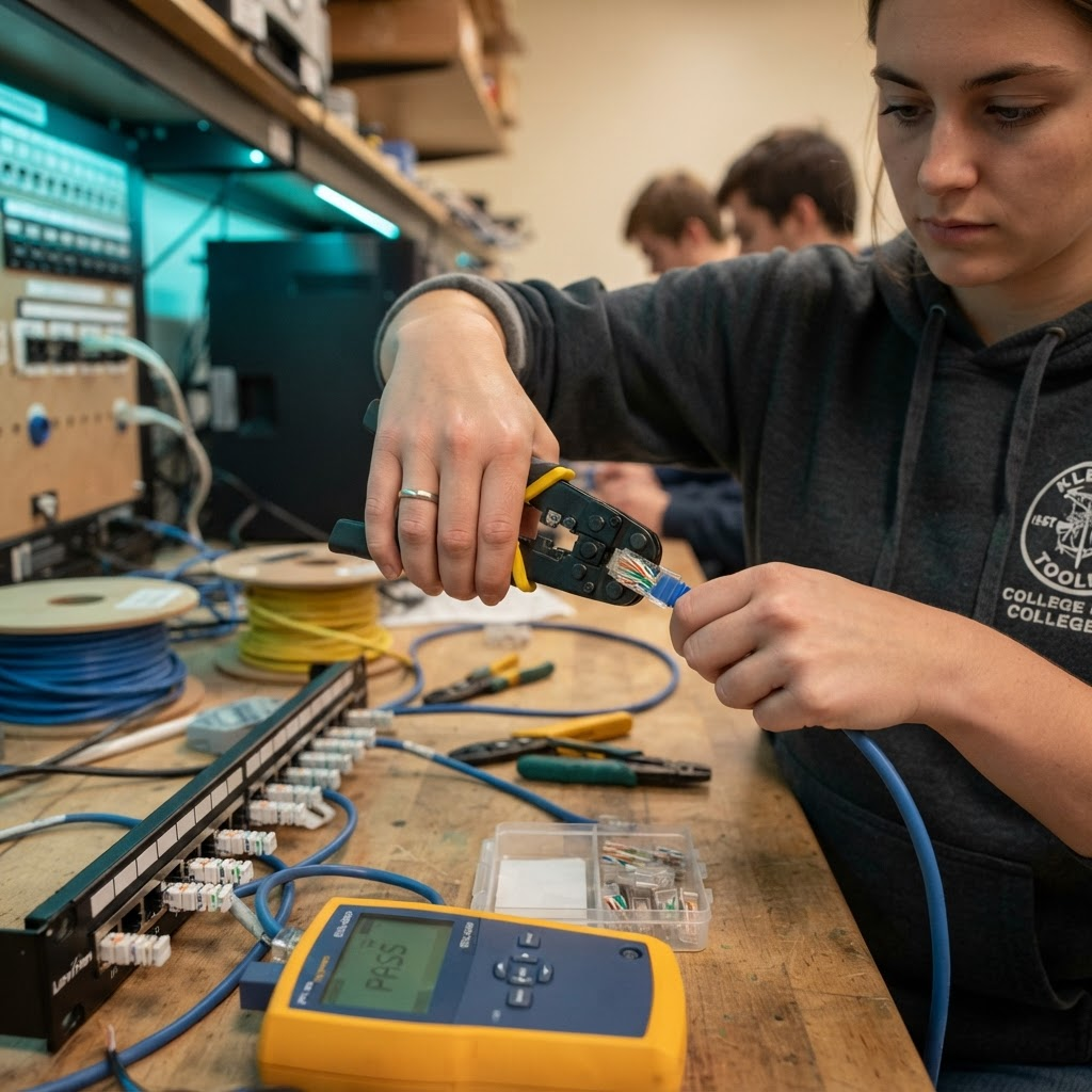 Close-up of a student crimping an RJ45 connector onto an ethernet cable at a workbench