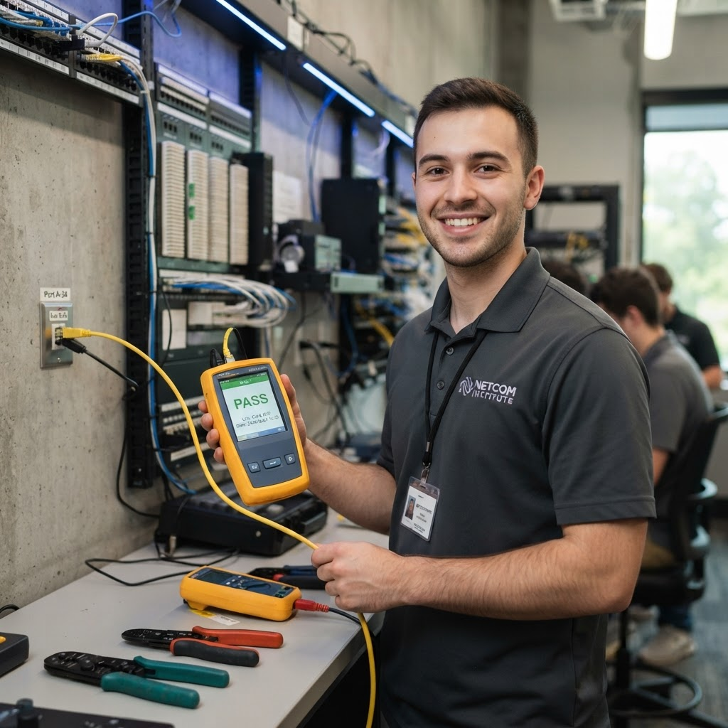 A student holding a cable certification tester displaying a PASS result, plugged into a wall data jack