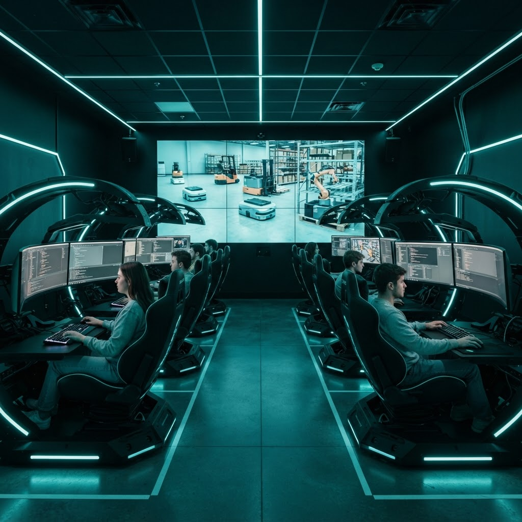 A diverse group of students seated in ten futuristic scorpion-style gaming cockpits arranged in two facing rows of five, focused on the monitors in front of them, with a softly dimmed teal video wall at the far end showing warehouse robots moving pallets and sorting boxes
