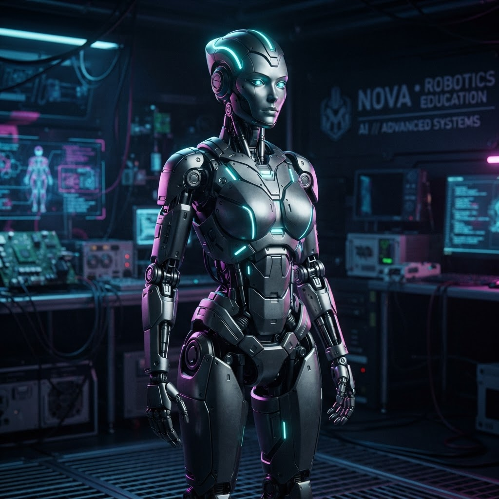 Nova, a sleek high-tech female humanoid AI mentor robot with glowing neon cyan accents